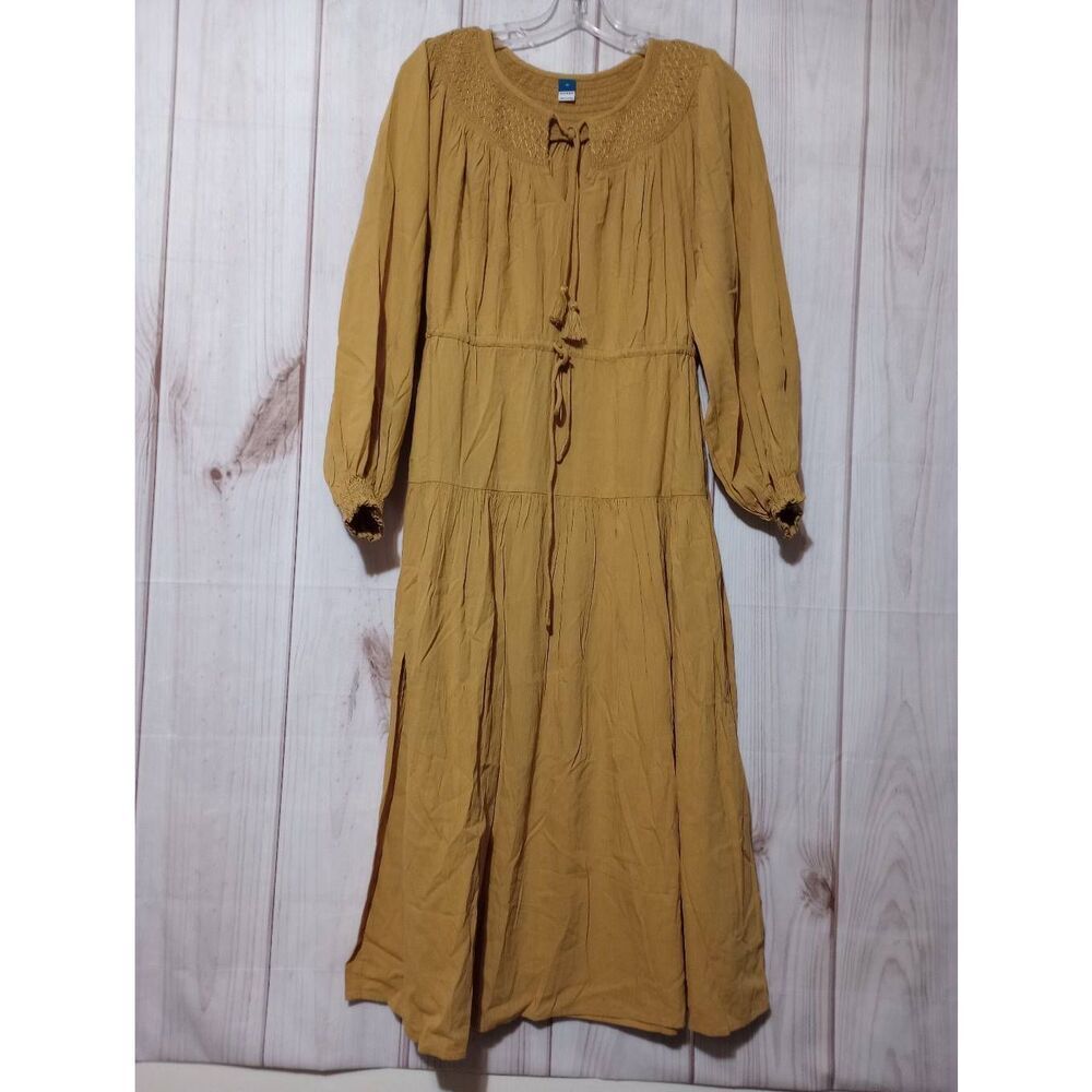 Old Navy Dress Ladies Extra Small Gold Long Sleeve Midi Cottage Core‎